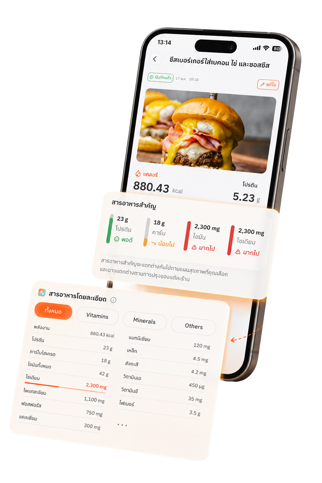 ภาพหน้าจอ Wello แสดงผลการวิเคราะห์อาหารด้วย AI พร้อมข้อมูลแคลอรี่และสารอาหารกว่า 40 ชนิด