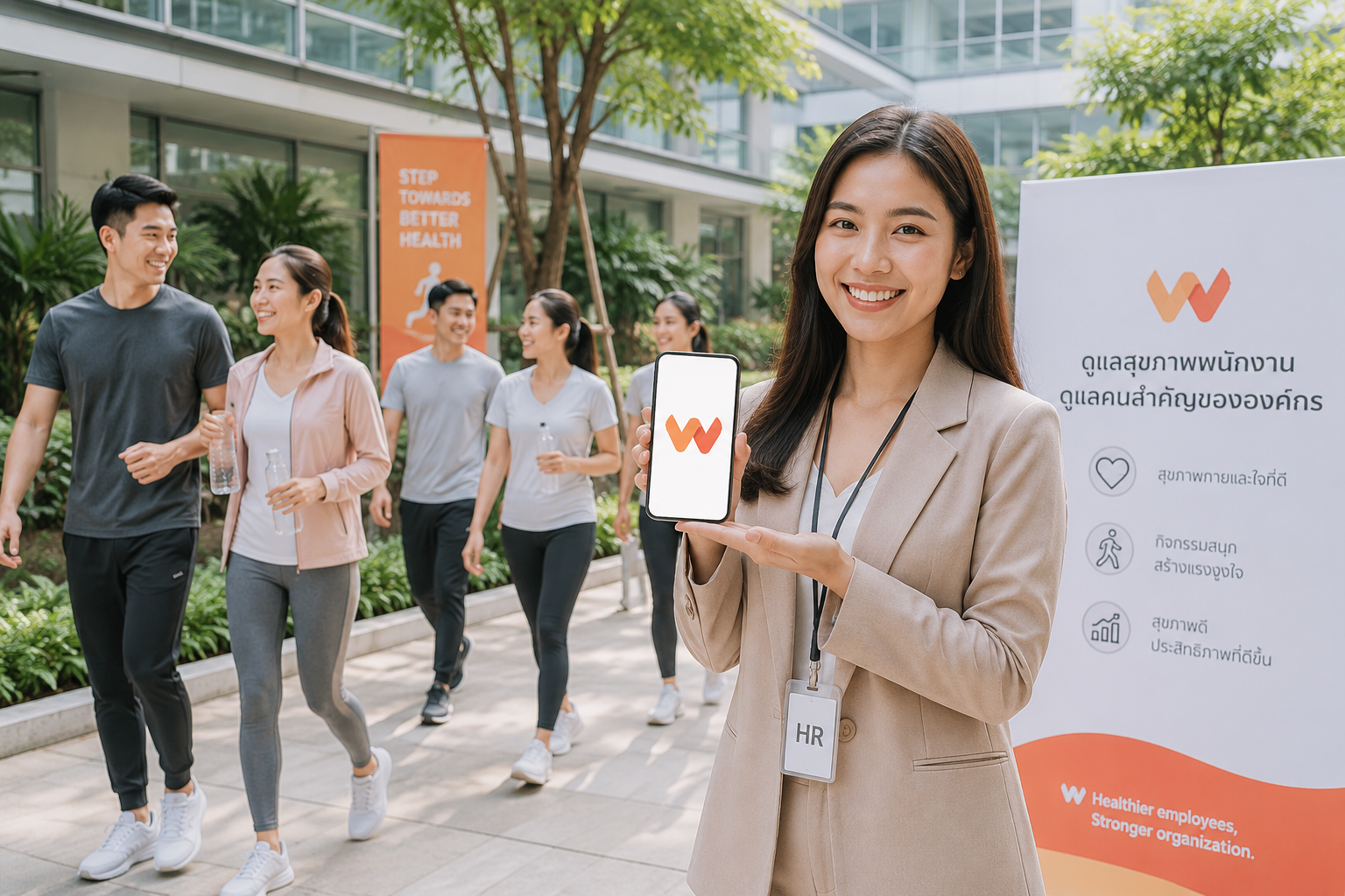 พนักงานฝ่ายบุคคลถือโทรศัพท์แสดงแอป Wello ขณะพนักงานกำลังเดินออกกำลังกาย
